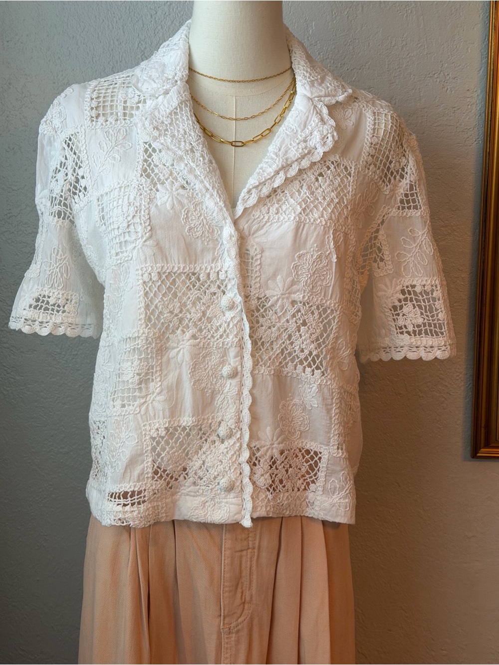 NWT English Factory White Lace Crochet Button-Front Shirt Sz Small